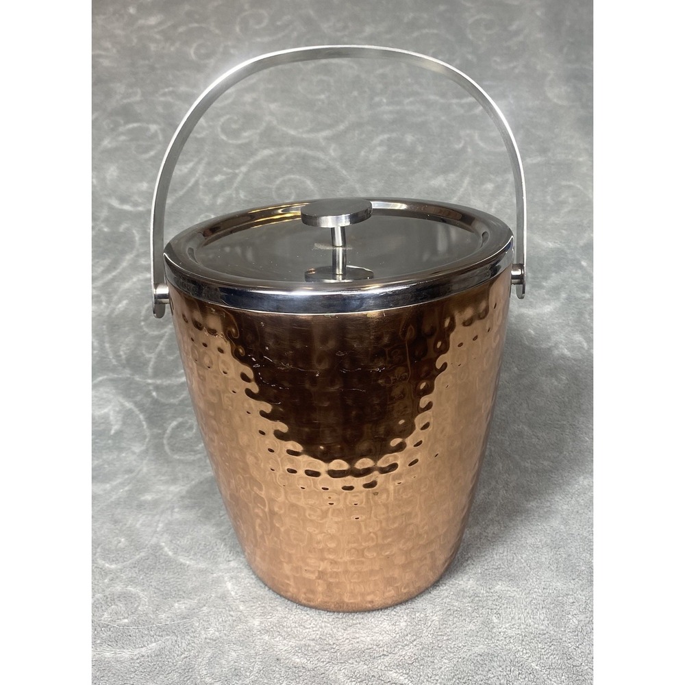 Hammered Copper Color & Stainless Steel Ice Bucket Champaign Cooler Barware Lid